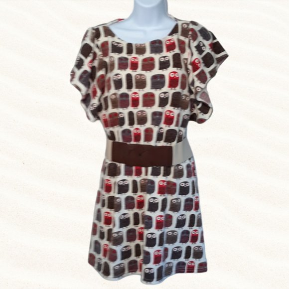 OWL boho dress or top • Large Jrs cream & brown bird OB2-12 - Picture 2 of 5